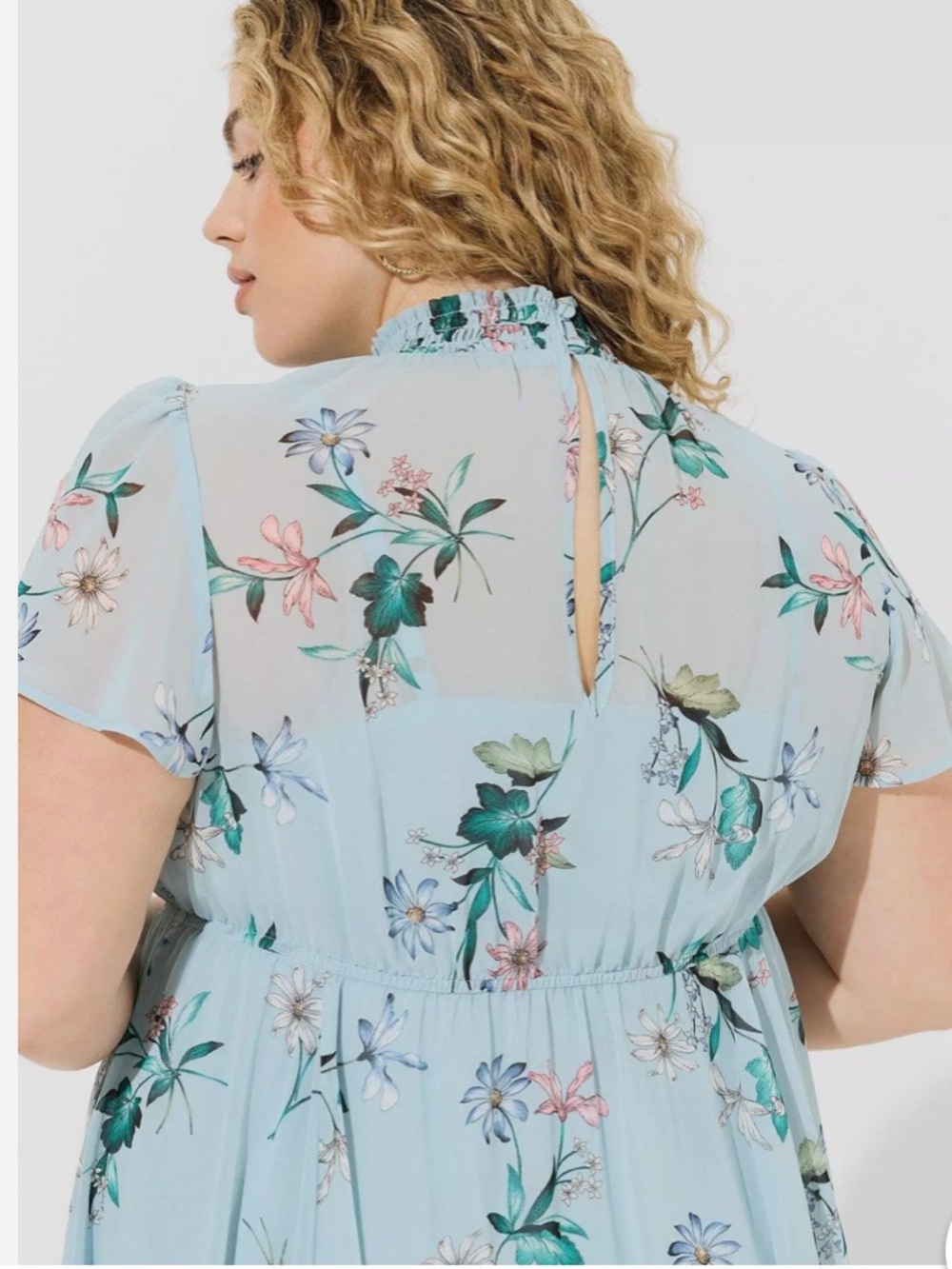 Torrid Chiffon Smocked Turtle Neck Dress light blue floral print Size 1 (14/16) - Picture 8 of 8